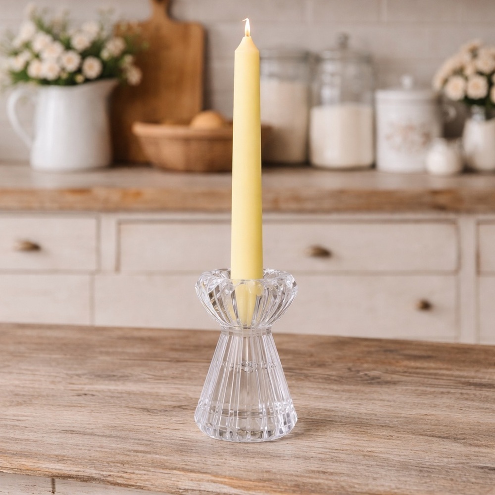Vtg Glass Candle Holder Reversible Bud Vase Toothpick Holder Clear Ribbed 4"